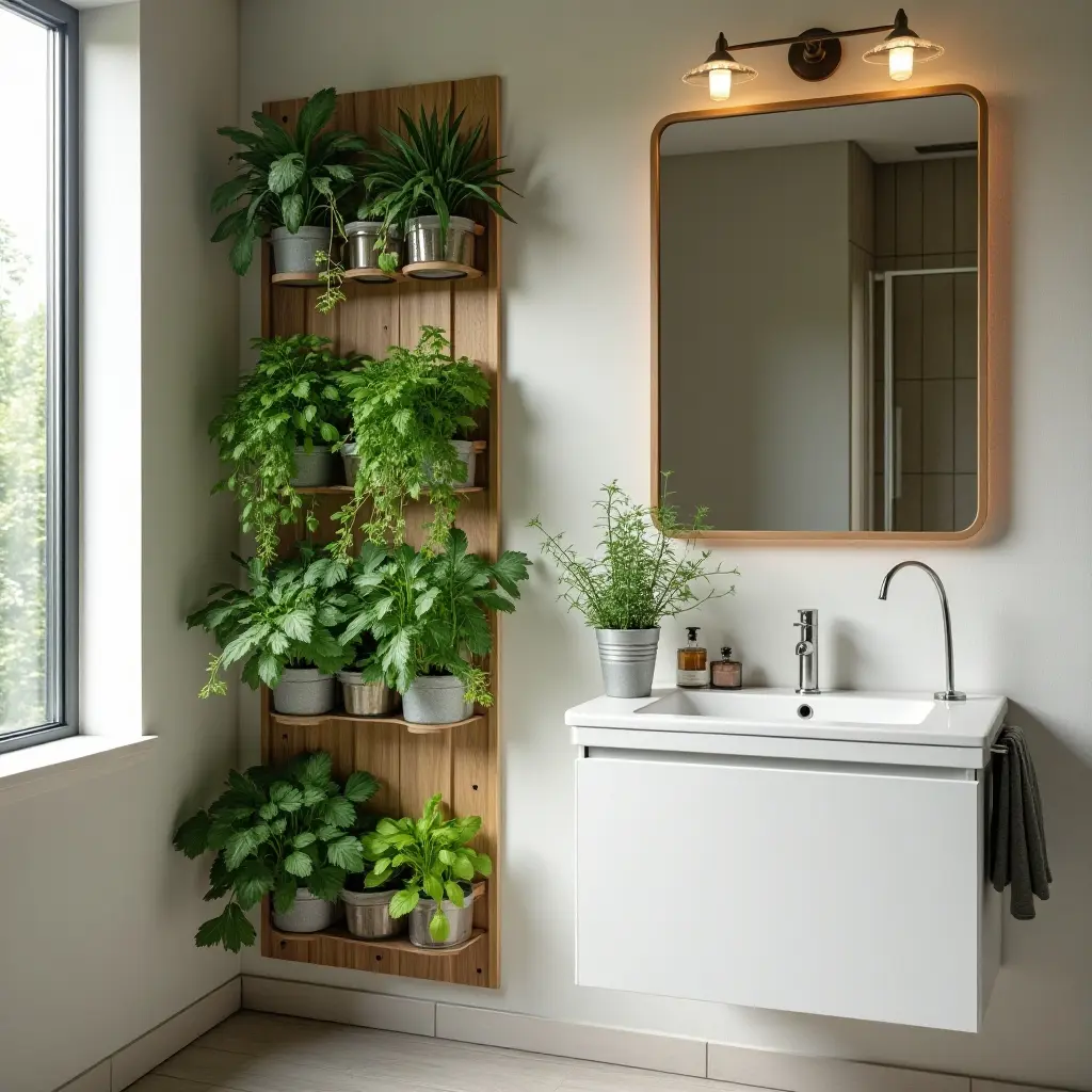 a photo of a bathroom with a vertical herb garden next to the sink