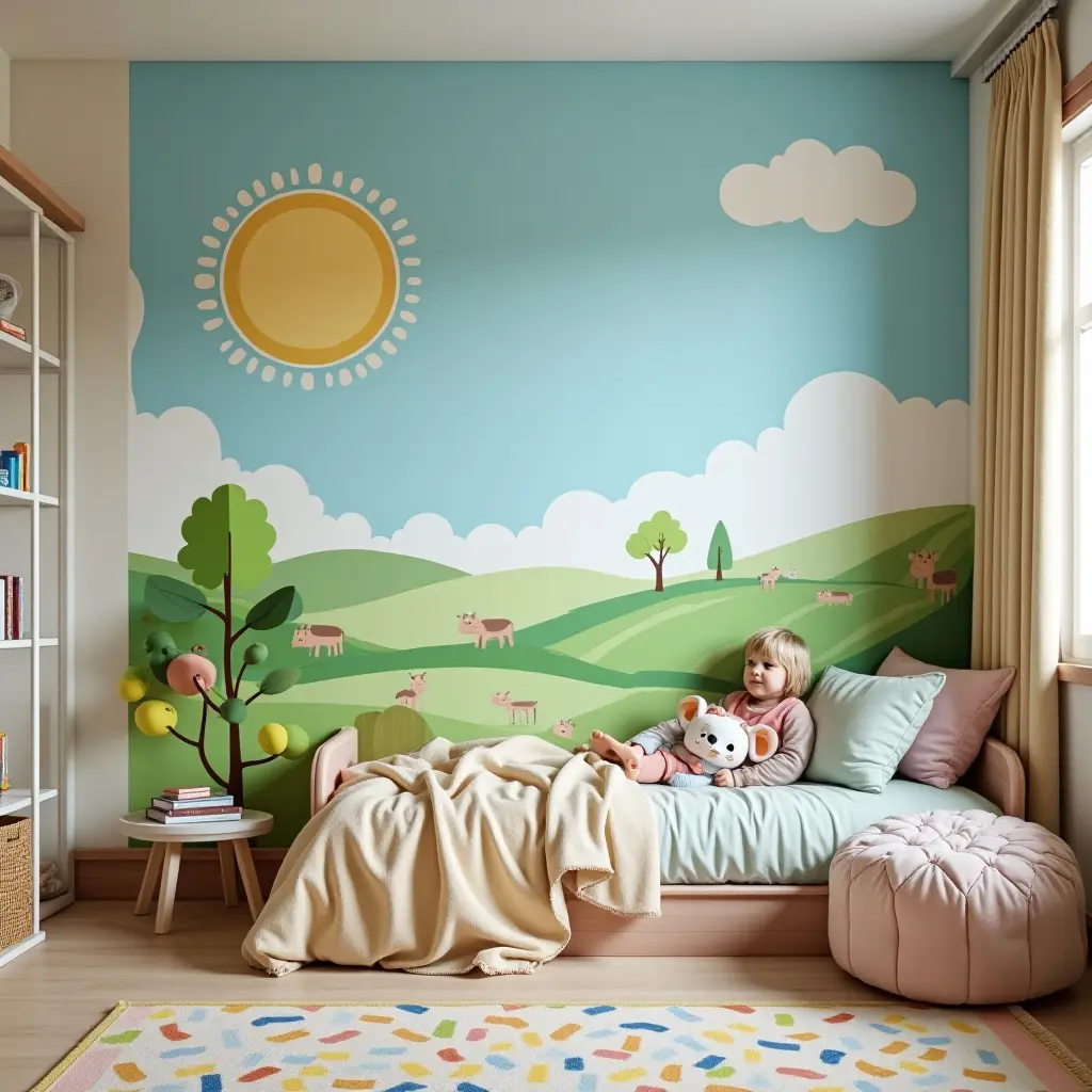 a photo of a creative wall mural in a playful kids' bedroom