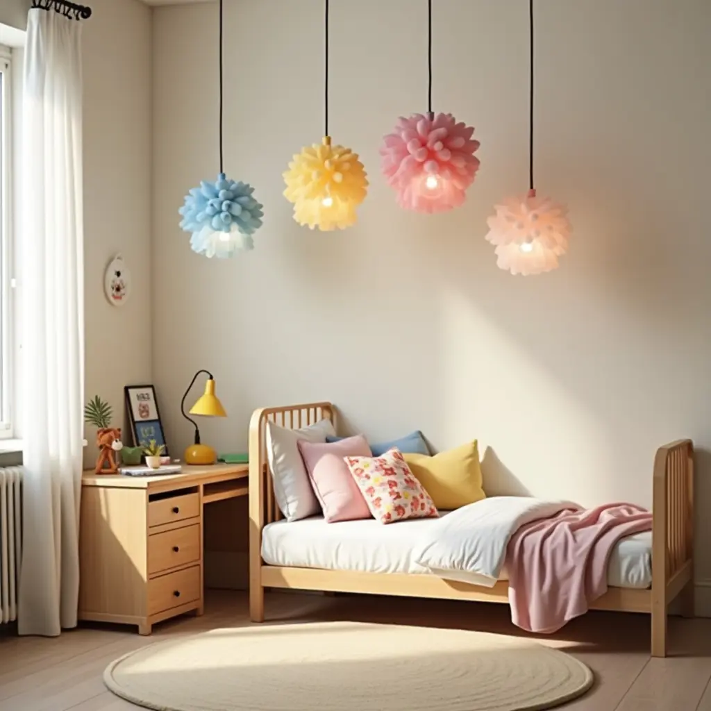 a photo of a playful children's bedroom with fun, colorful pendant lights