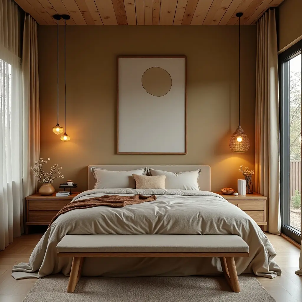 a photo of a nature-inspired bedroom with earthy tones and wooden decor