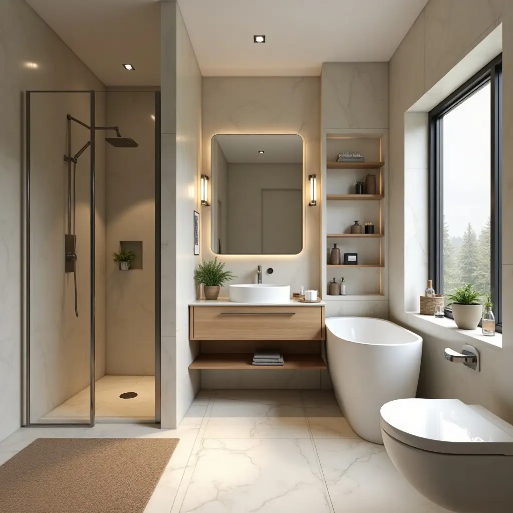a photo of a bathroom with a unique layout incorporating a small office nook
