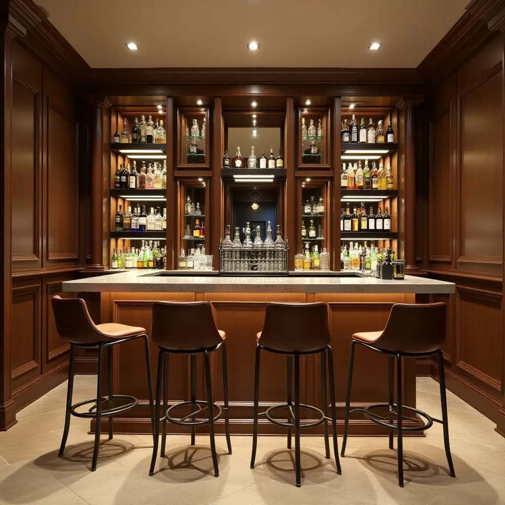 a photo of a basement bar with chrome metallic finishes
