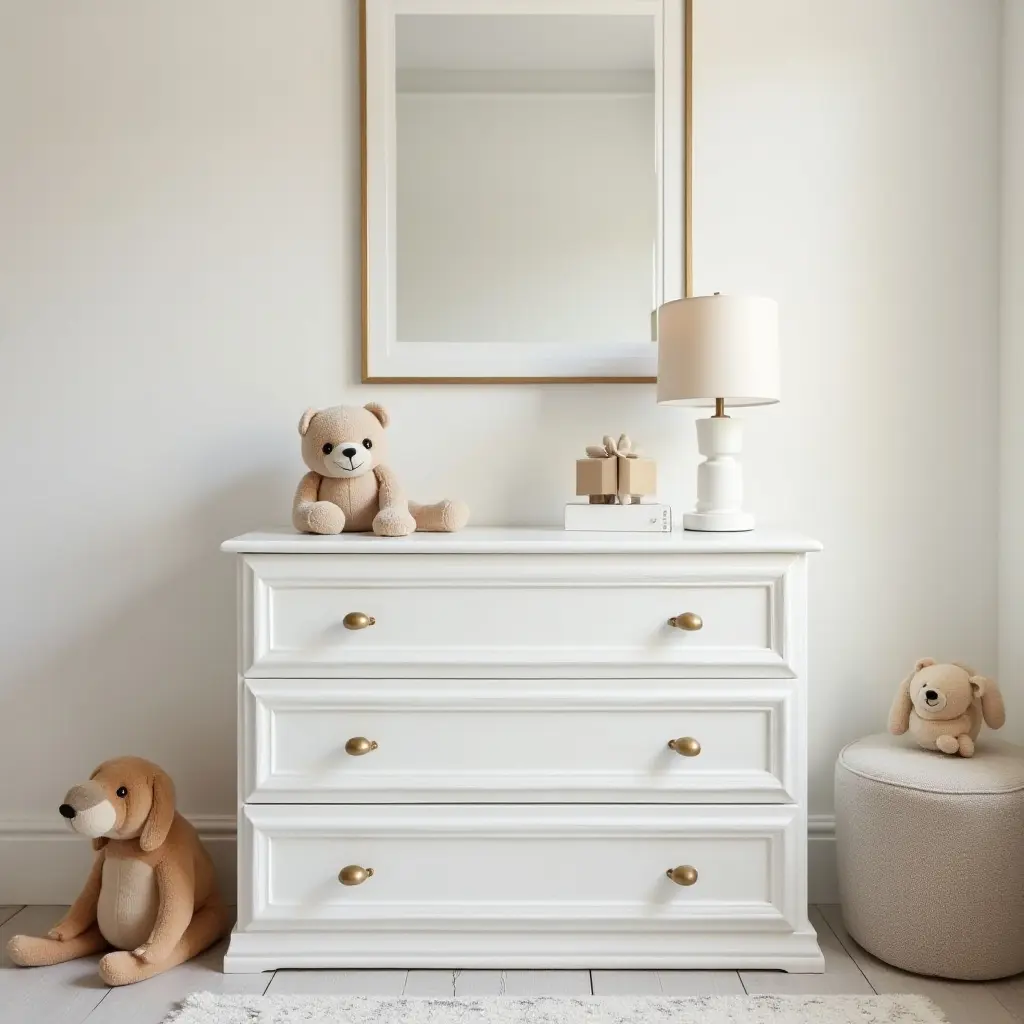 a photo of a classy children's room with metallic gold drawer pulls