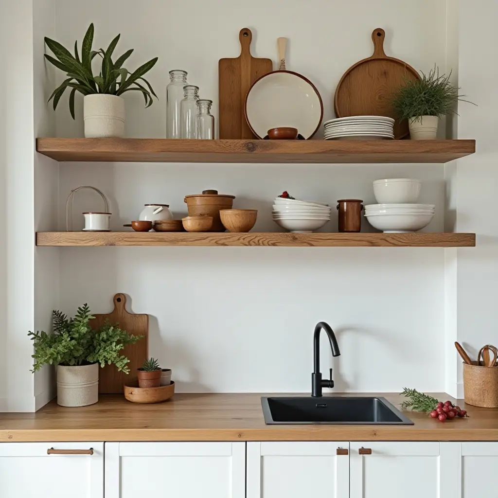 a photo of reclaimed wood open shelving displaying kitchenware