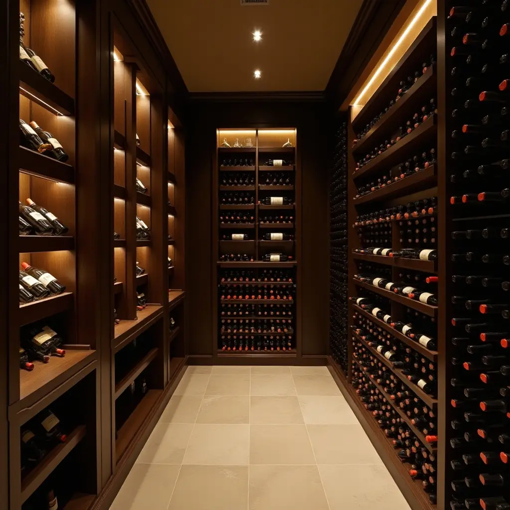 a photo of a basement wine cellar with elegant, subtle lighting