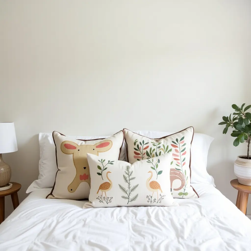 a photo of throw pillows featuring nature prints in a kids' room