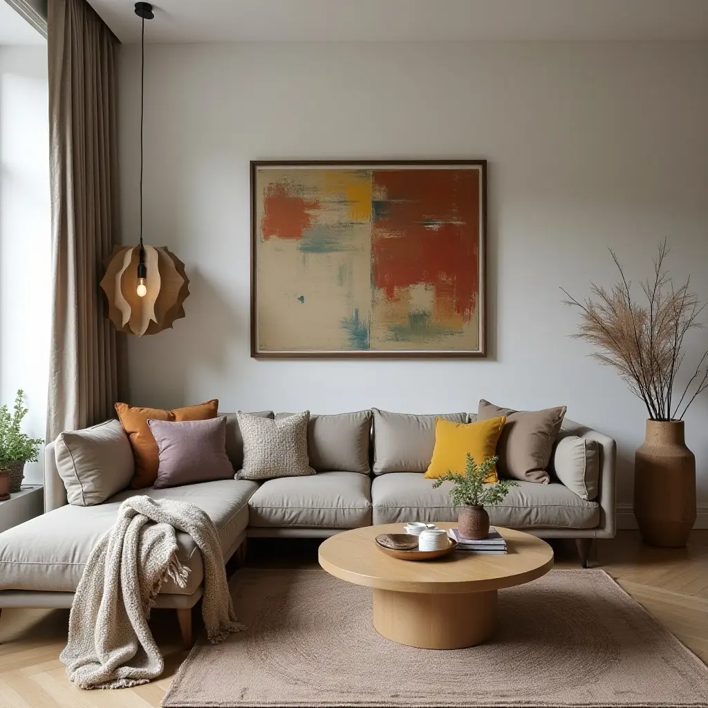 a photo of a modern apartment with vintage textiles and contemporary furniture pieces