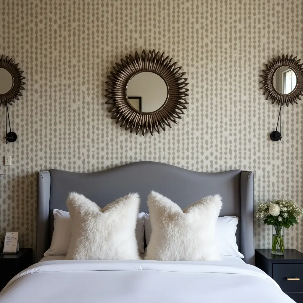 a photo of a grey headboard accentuated by patterned wallpaper and decorative mirrors