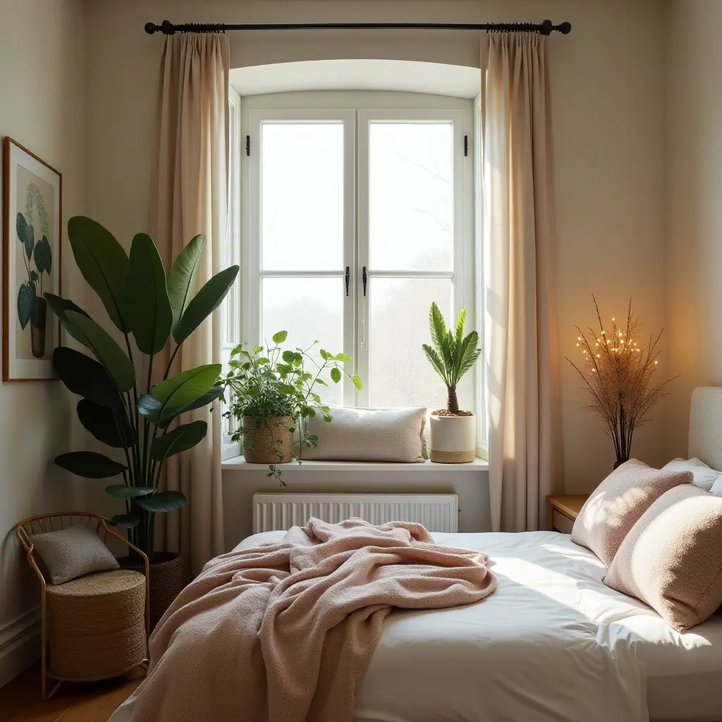 a photo of a shared bedroom with a cozy window seat and plants for ambiance
