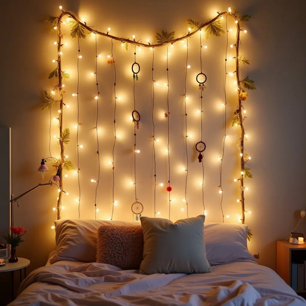 a photo of a wall adorned with fairy lights and dreamcatchers for a whimsical teen's room