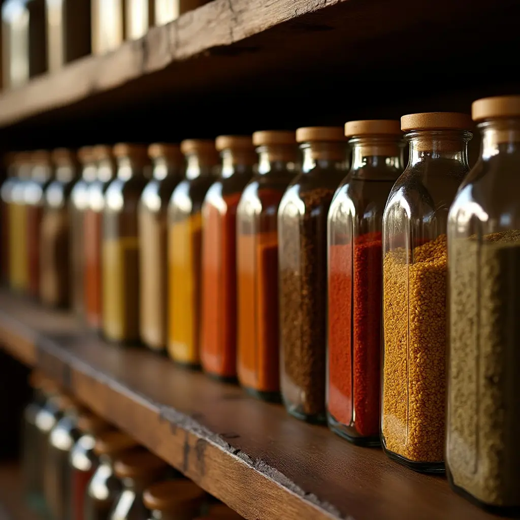 a photo of a pantry with a rainbow of spices in clear jars