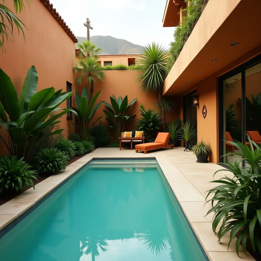 a photo of a stylish pool area featuring earthy tones and bright tropical plants