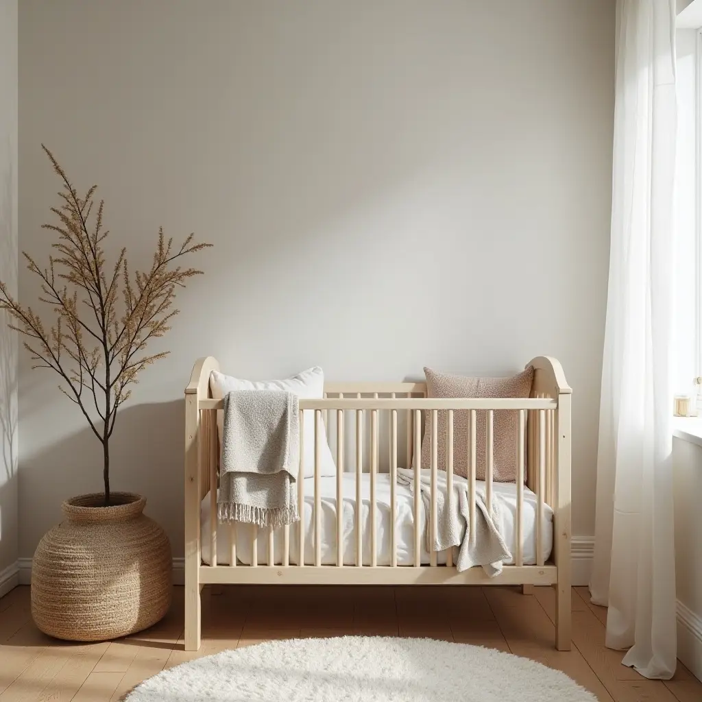 a photo of a small nursery with layered textiles for warmth