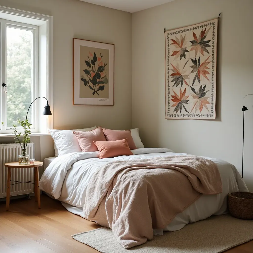 a photo of a cozy bedroom with a stylish quilt storage solution