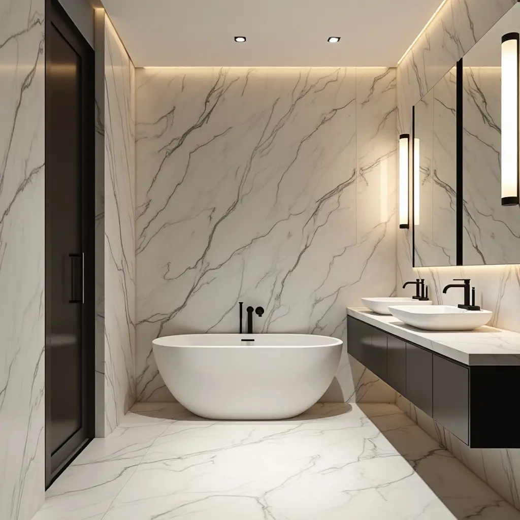 a photo of a contemporary bathroom with bold marble walls and lighting