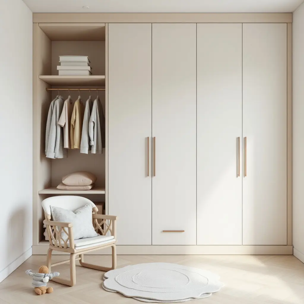 a photo of a minimalist kids' room with hidden storage solutions