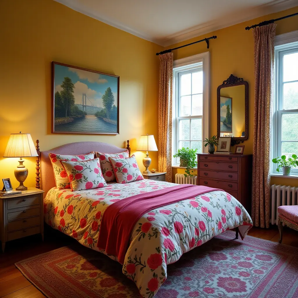 a photo of a colorful bedroom with a mix of vintage and modern decor