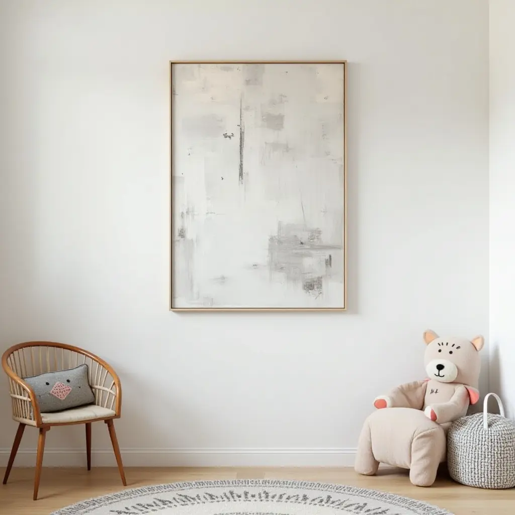 a photo of a whimsical kids' room featuring silver metallic wall art
