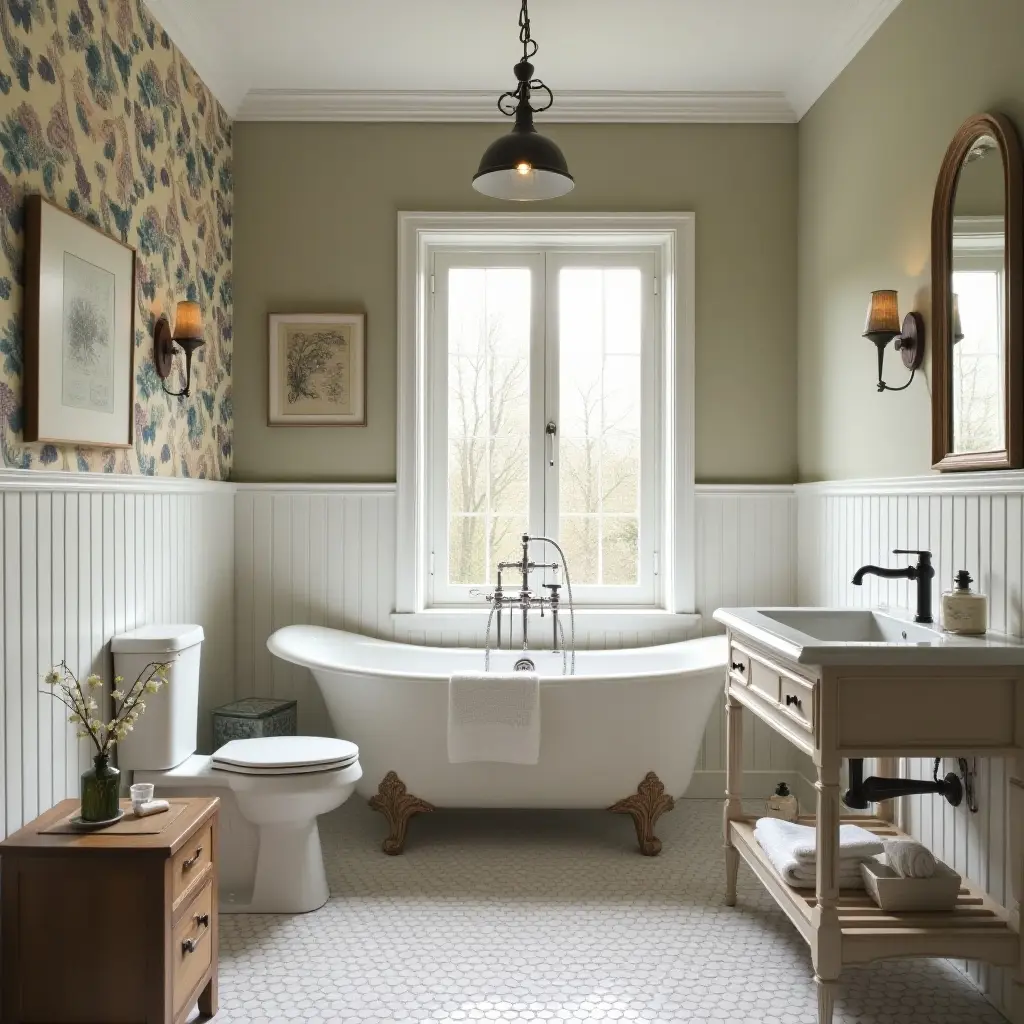 a photo of a stylish bathroom featuring vintage decor and modern amenities