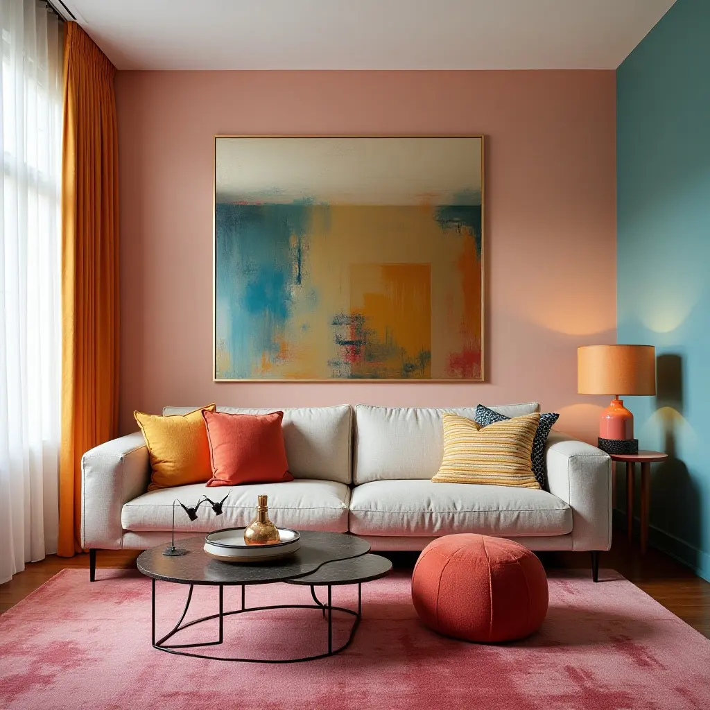 a photo of a colorful living room with mirrored wall art and bright textiles
