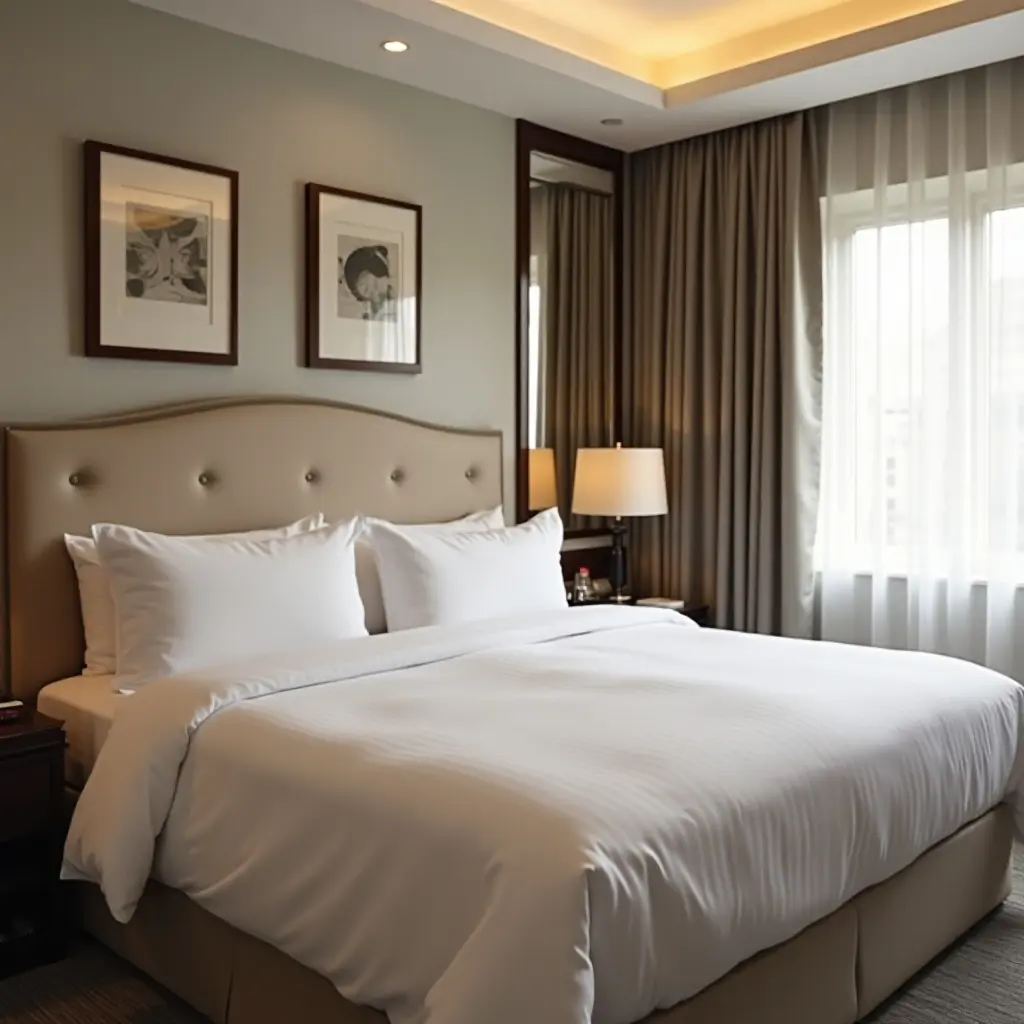 a photo of an inviting guest room with luxury linens and thoughtful amenities