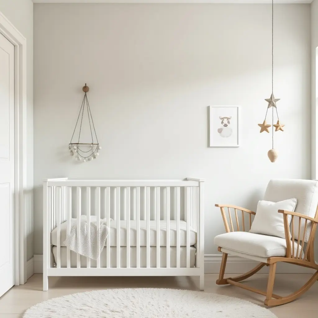 a photo of a charming nursery with a farmhouse-style mobile and soft, muted colors