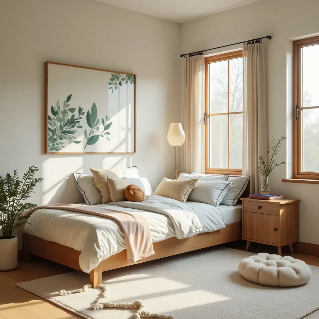a photo of a serene kids' bedroom with wooden accents and nature themes