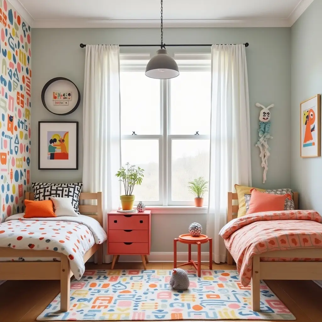 a photo of a vibrant kids' bedroom featuring Scandinavian decor and playful patterns