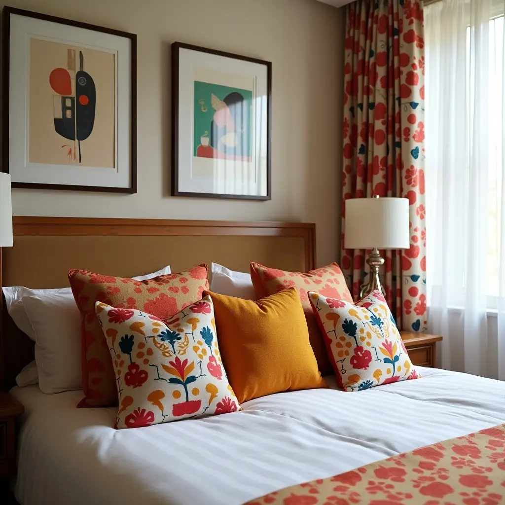 a photo of a retro bedroom with bold patterned throw pillows