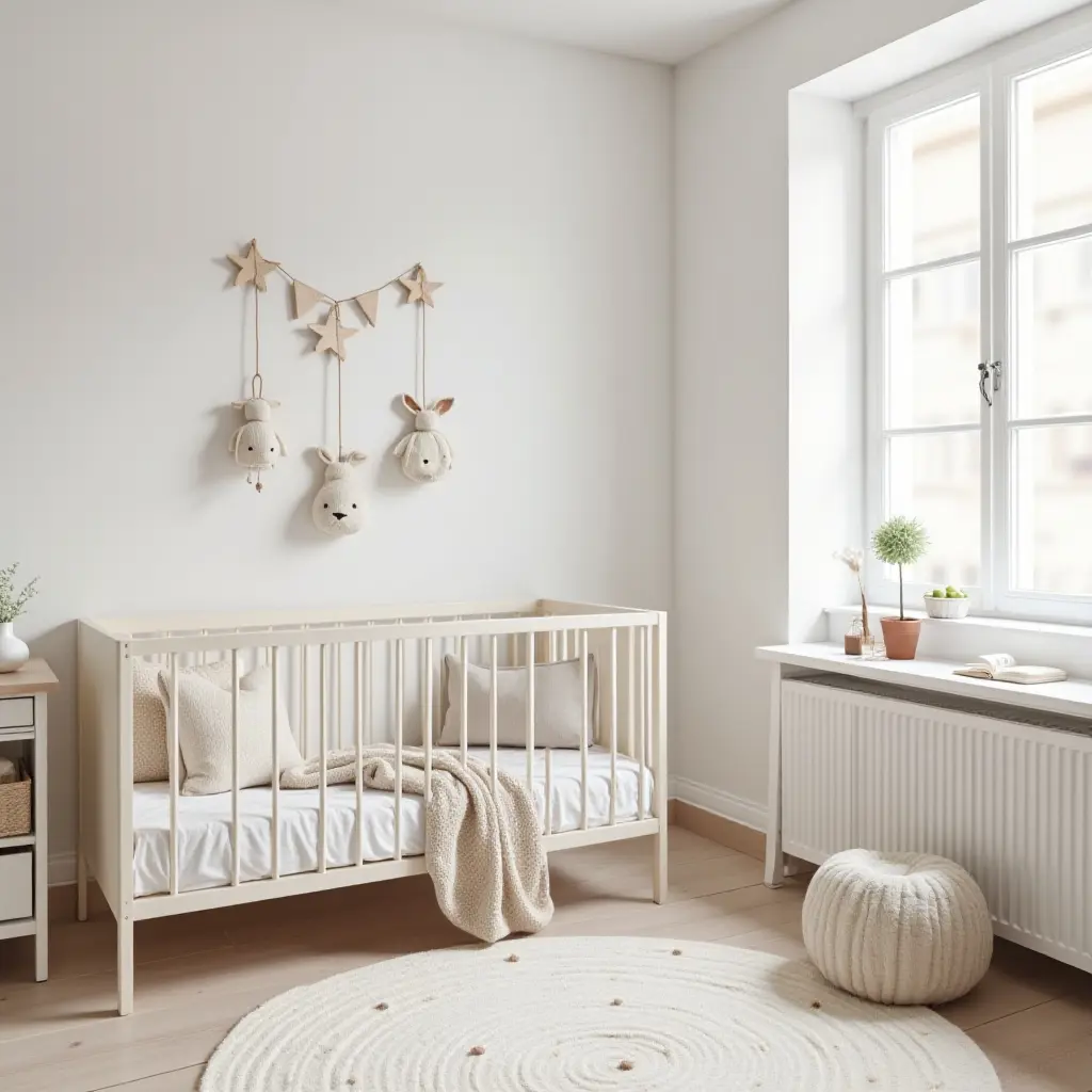 a photo of a cozy kids' room with Scandinavian design and handmade decorations