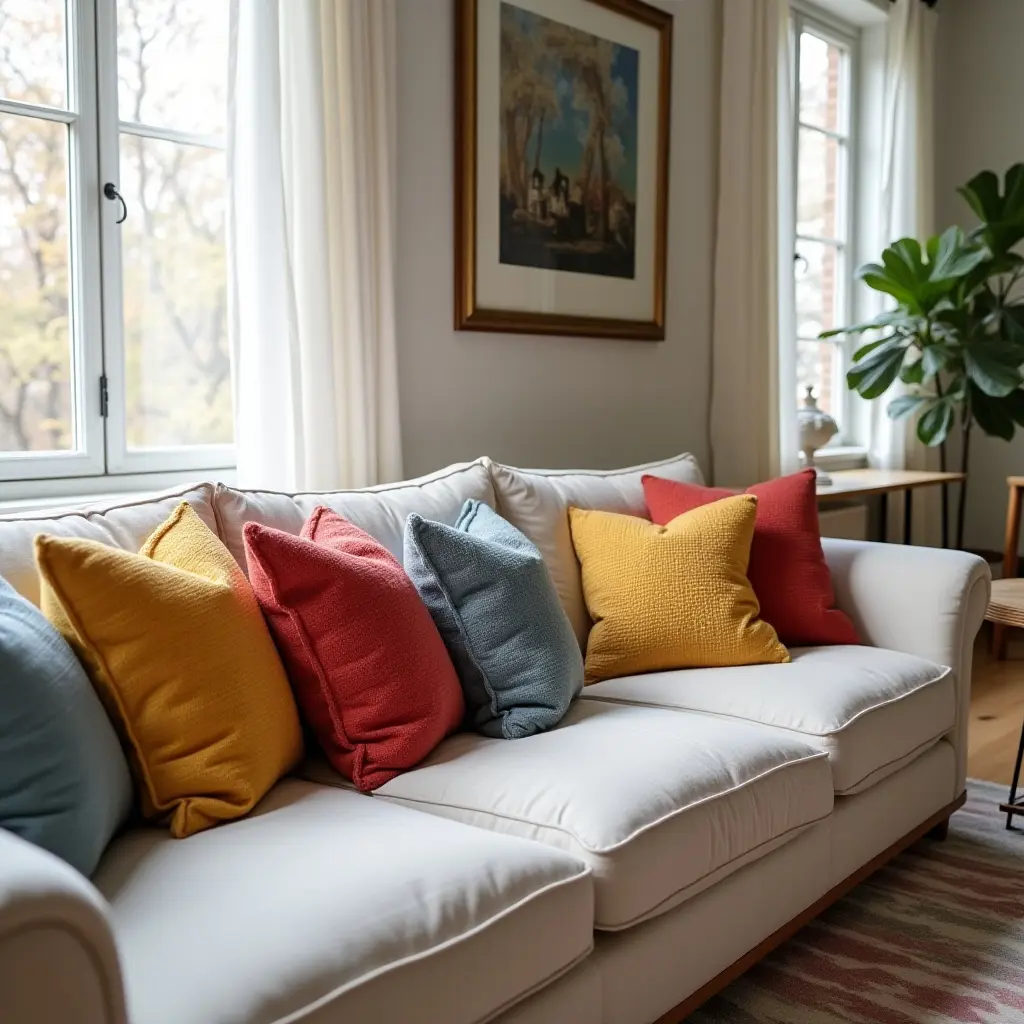 a photo of a cozy living room with colorful throw pillows on a sofa