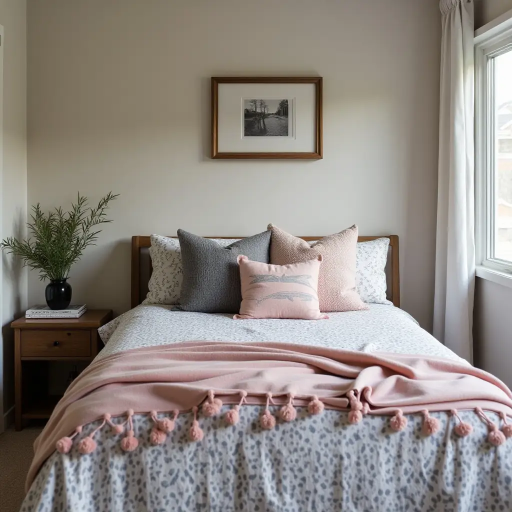 a photo of a teen's room with throw pillows that showcase their hobbies