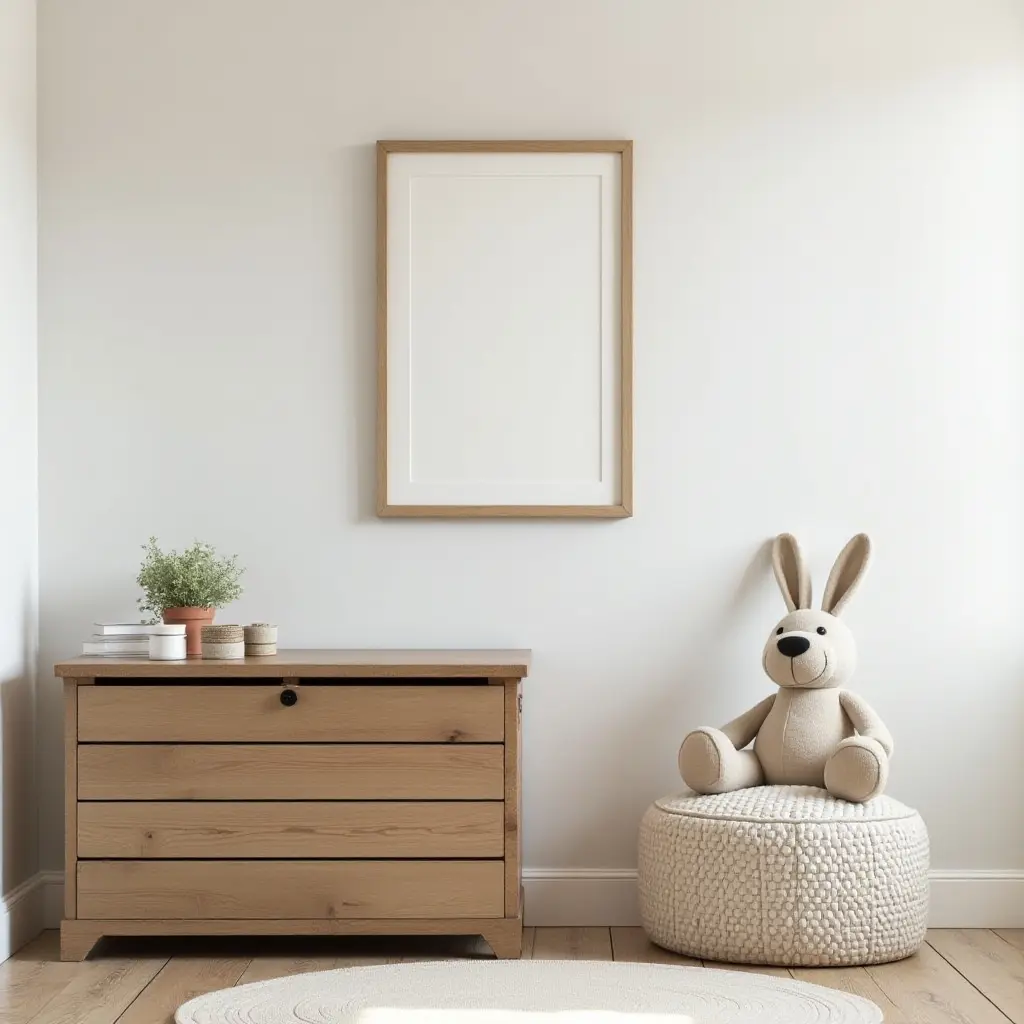 a photo of a kids' room with farmhouse wall art and a vintage toy chest