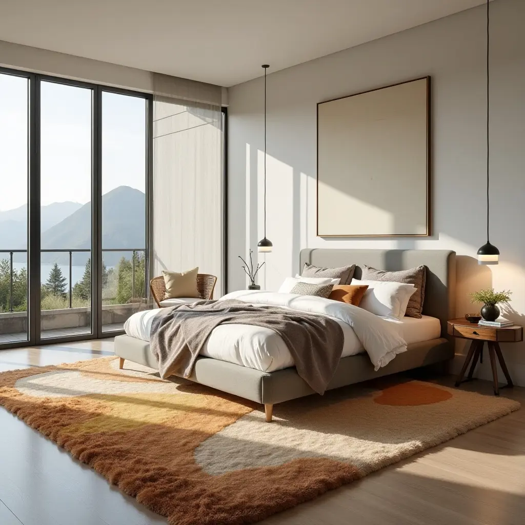 a photo of a unique, oversized rug in a spacious bedroom