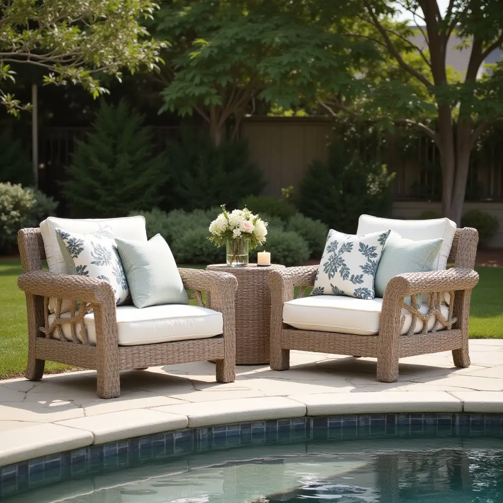 a photo of throw pillows adding comfort to a rustic poolside setting