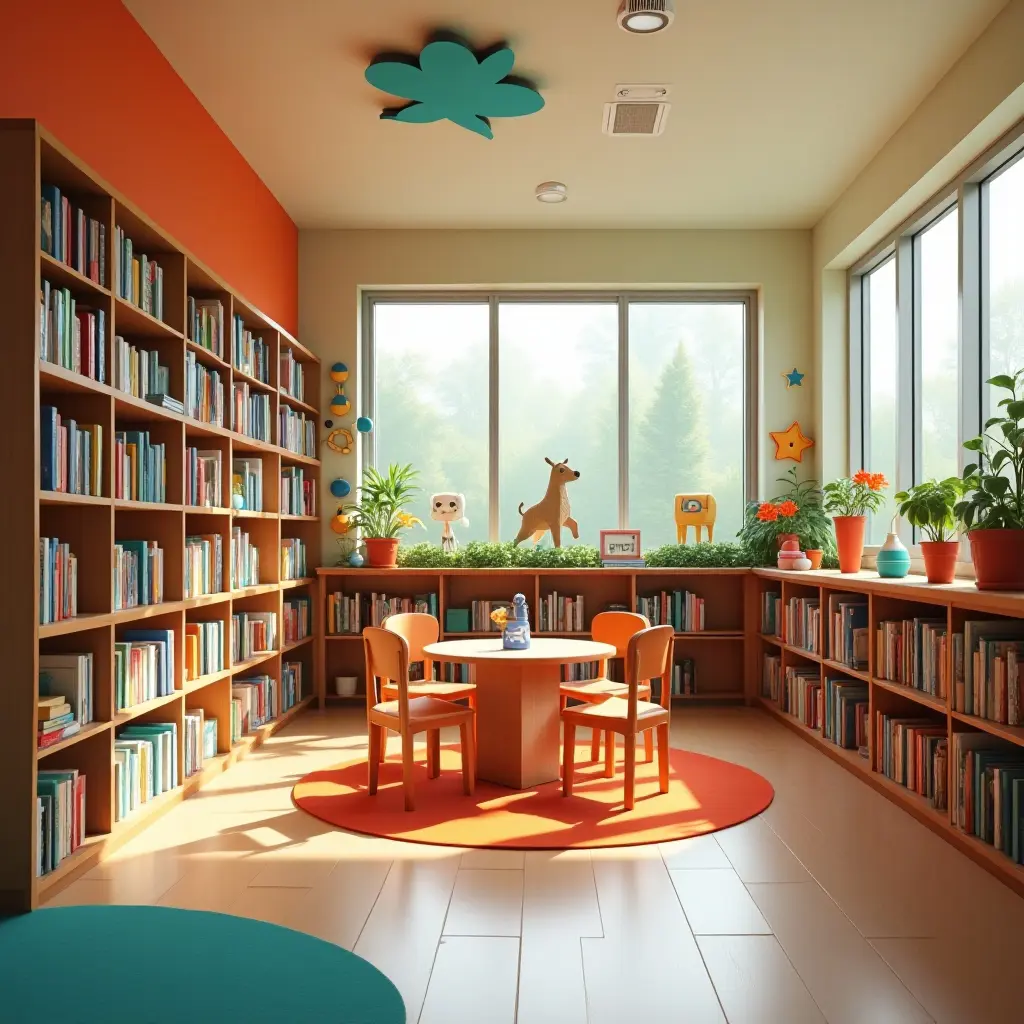 a photo of a children's library with whimsical decor and vibrant colors