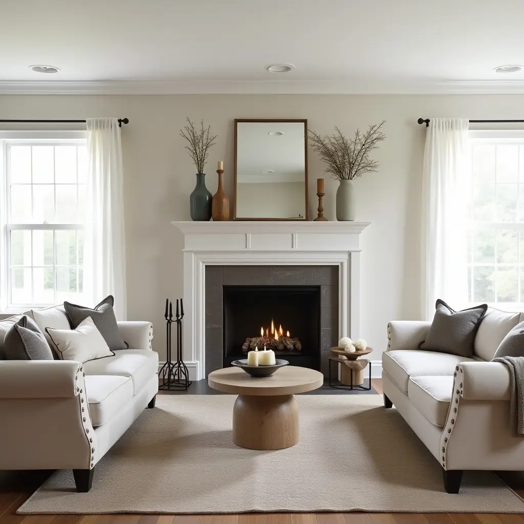 a photo of a living room showcasing a cozy fireplace with farmhouse decor