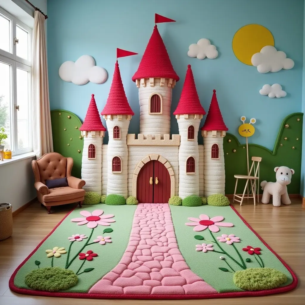 a photo of a fairy tale castle rug with vibrant details for a child's room
