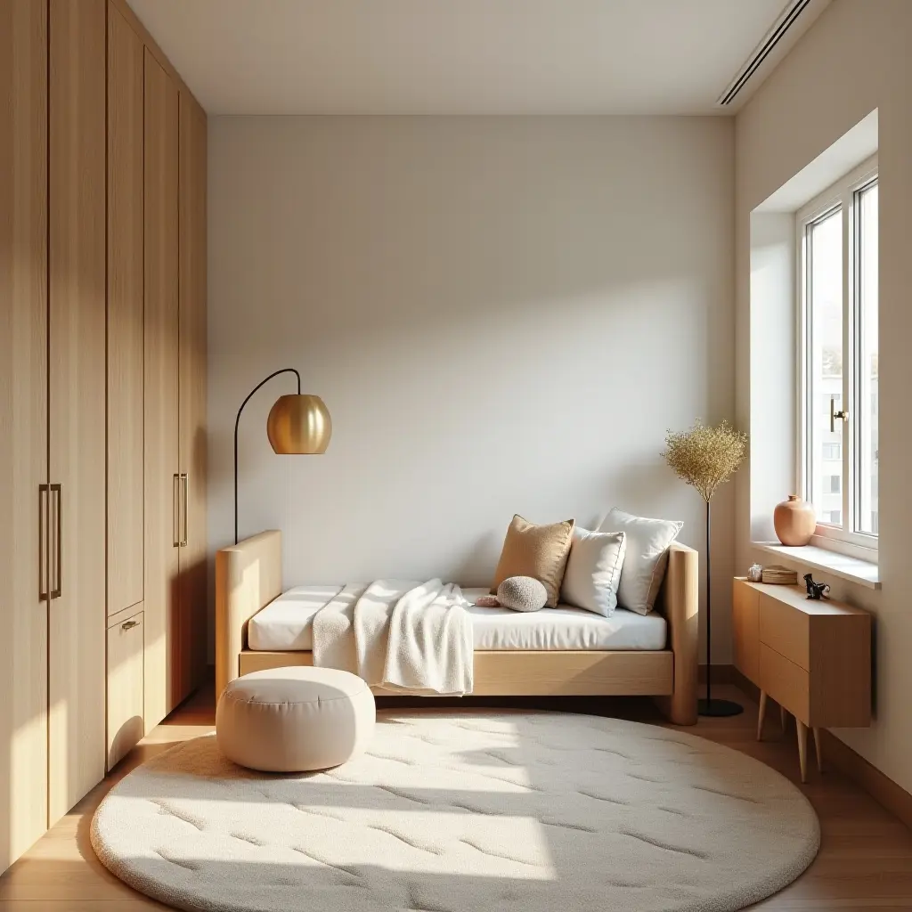 a photo of a serene kids' room with wooden accents and soft lighting
